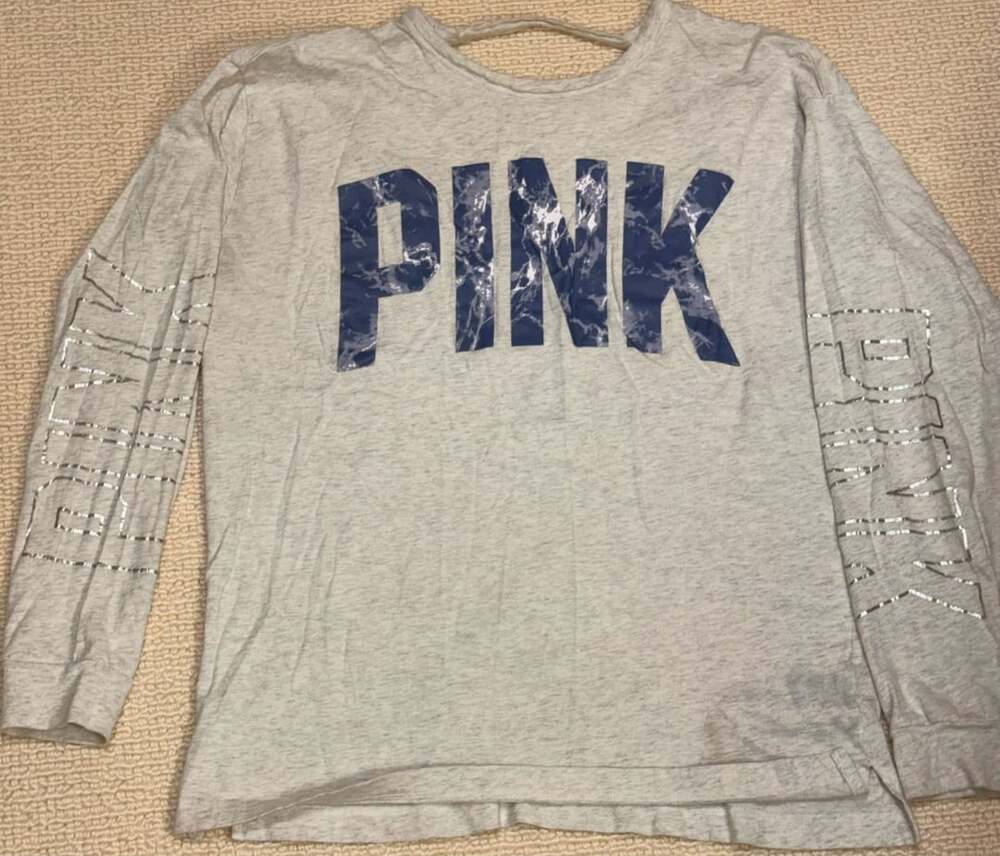 PINK Victoria's Secret Long Sleeve Graphic Tee Size 88A Gray Marble Print